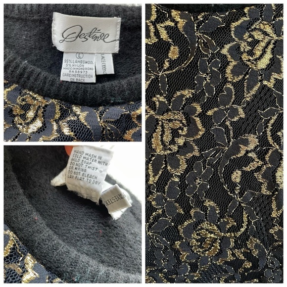 Destinee Wool Pullover Sweater Black Gold size Large Floral Lace Vintage punk - Picture 6 of 9
